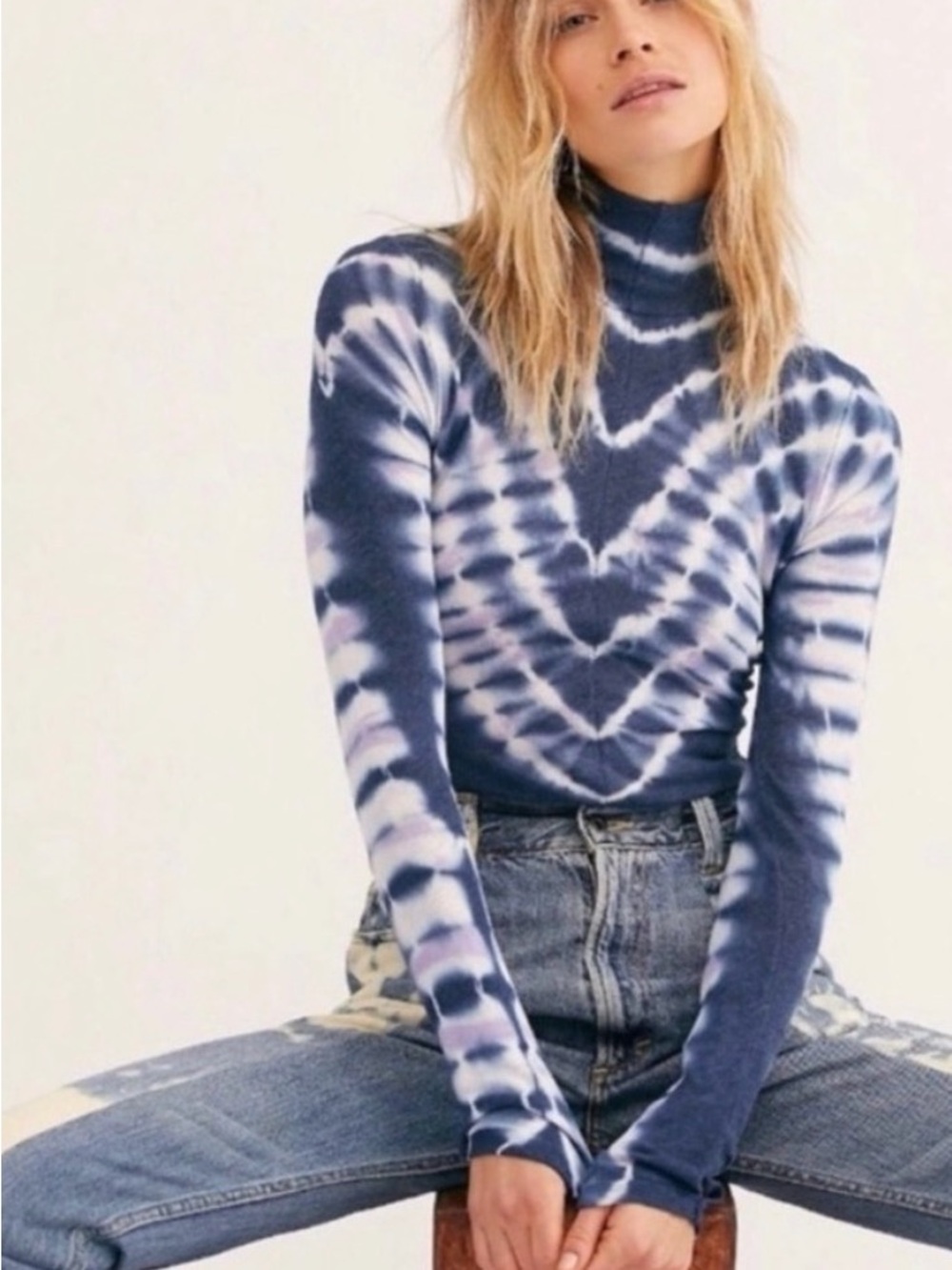 Free People Navy Tie-Dye Mock Neck Long Sleeve Top